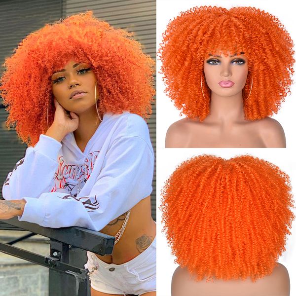 

short afro kinky curly wig with bangs for black women cosplay lolita ombre synthetic natural blonde hair pink