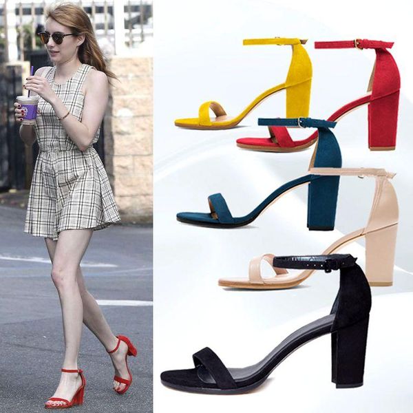

fashion 2021 arrival five color famous star favorite shoes concise middle square heel peep toe lady sandals girls pumps, Black