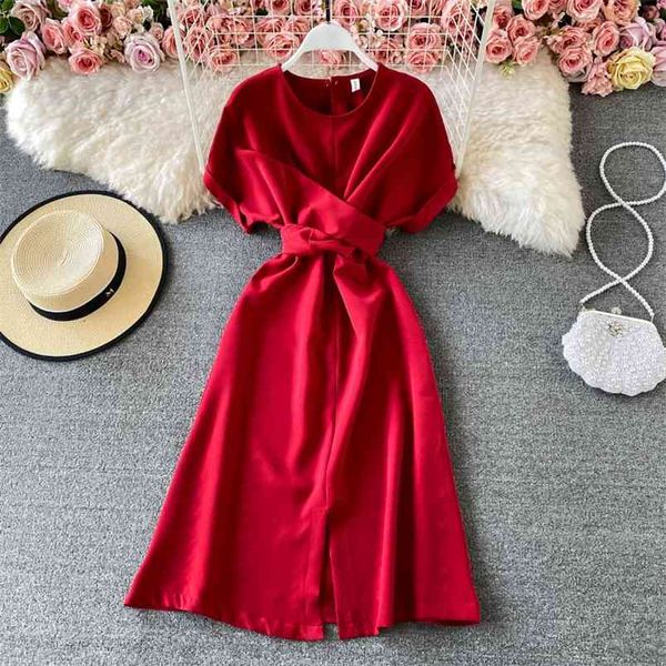 

summer solid color vestidos female round neck high waist cross tie is thin and temperament split midi dress c821 210506, Black;gray