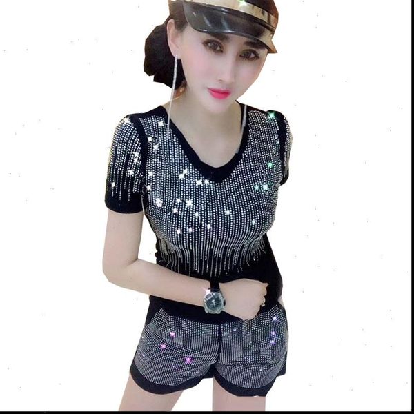 

women tracksuits summer 2 piece set heavy industry rhinestone fashion v neck vest wide leg pants casual suit female, Gray