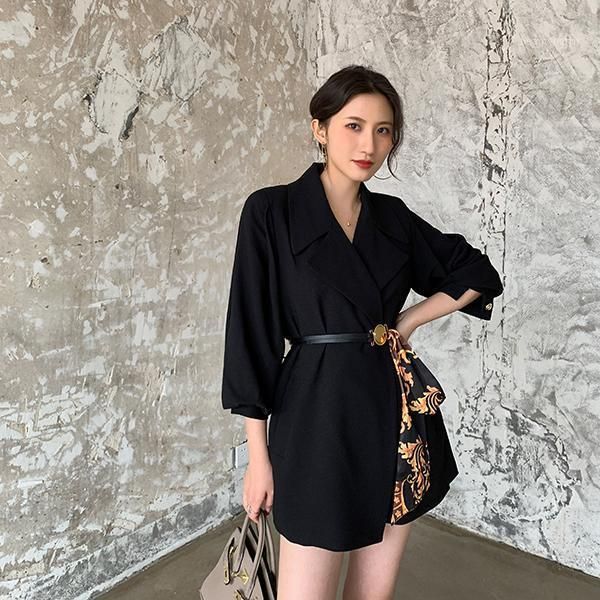 

women's suits & blazers retro blazer jacket for women printed patchwork belt lantern sleeve thin black runway fashion office lady summe, White;black