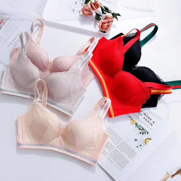 

bras sets embroidered lace traceless bra set gathers lingerie 95, Red;black