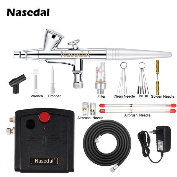 

professional spray guns nasedal nt-53 dual-action gun airbrush with compressor 0.2mm kit for nail model/cake/car painting