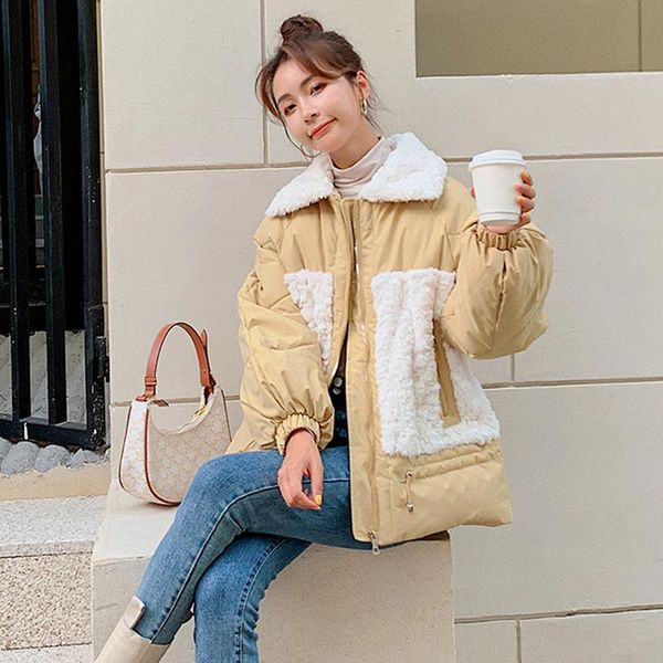 

women's down & parkas lambswool winter jackets casual turn collar cotton padded coat for female thick warm long sleeve wadded, Black