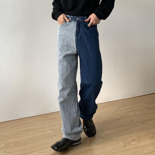 

men's jeans color stitching design man hip hop baggy korean version street retro personality straight women boyfriend wild leg pants, Blue