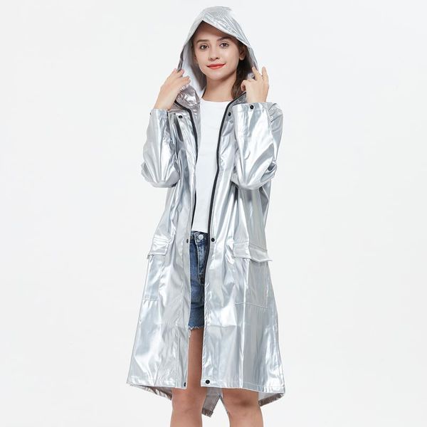 

raincoats fashion cool silver soft leather rainstorm proof ins hipster net red long raincoat men and women couples universal jacket