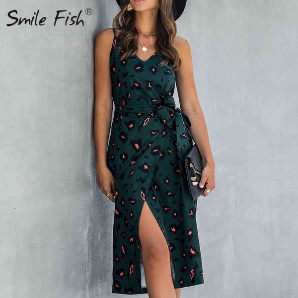 

leopard print girls holiday dress women sleeveless split summer dresses vacation boho v-neck beach female sashes robe g1144 210322, Black;gray