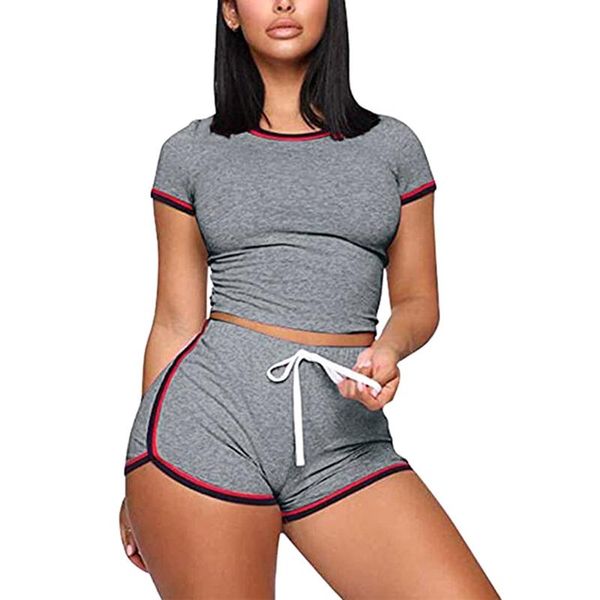 

women's tracksuits kayotuas women 2pcs casual sports suit summer ladies striped short sleeve slim +shorts sportwear homewear 7 colors, Gray