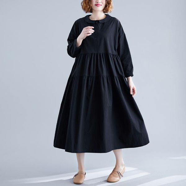 

casual dresses art loose long-sleeved solid colour dress female spring summer high waist stitching big swing doll collar a-line, Black;gray