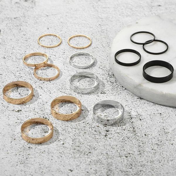 

cluster rings three-color 14pcs/set fashion creative personality alloy glossy gold silver black color wide ring set women jewelry gift, Golden;silver