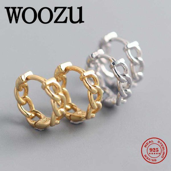 

hoop & huggie woozu real 925 sterling silver minimalism curb cuban link chain ear buckle for fashion women earrings jewelry gifts, Golden;silver