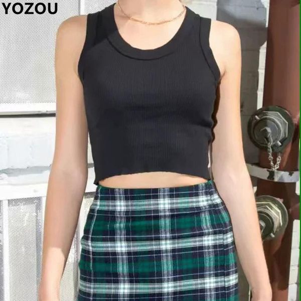 

women's tanks & camis women 90s vintage casual oneck solid cotton summer black white gray crop cropped tank tee for female