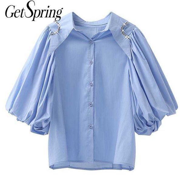 

getspring women blouse shirt diamonds patchwork puff sleeve women's summer blouses blue black white short 210601