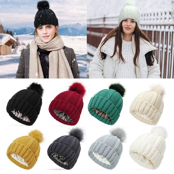 

beanies winter stretchy satin lined skull cap beanie hat faux fur pom for women knit hats
