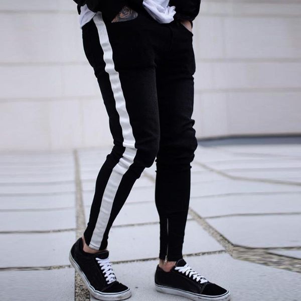 

skinny jeans men hip hop stripe elastic slim fit denim pants male stretchy pencil bottoms street knee ripped holes 2021 men's, Blue