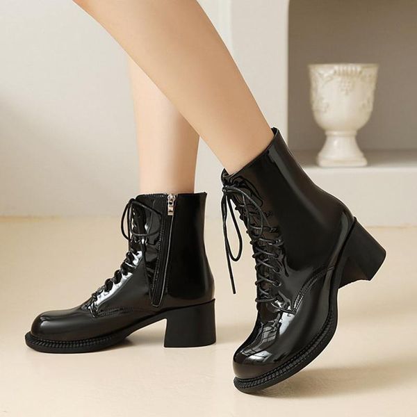 

boots rimocy black patent leather ankle for women 2021 fashion lace up square heels woman non-slip platform shoes ladies