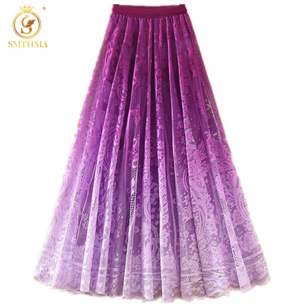 

fashion gradient color summer lace skirt women elastic waist big swinging pleated long female clothes 210520, Black
