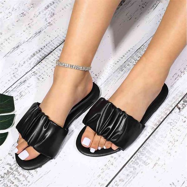 

women flat slippers ladies slip on pu leather beach shoes woman summer casual pleated slipper female fashion footwear 210619, Black