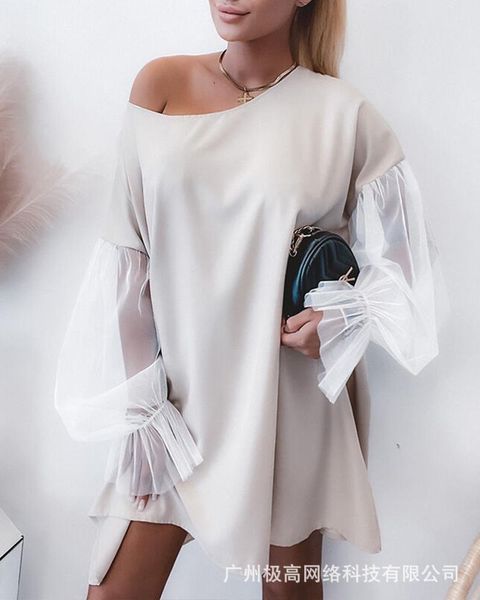 

casual dresses 2021 summer fashion mesh stitched long sleeve for women round neck loose simple office lady dress elegant vestido, Black;gray