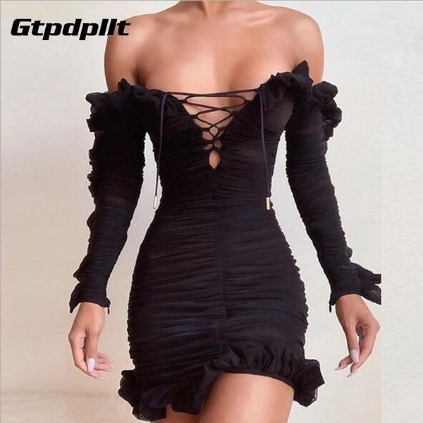 

gtpdpllt ruffles sheer mesh see through dress women off shoulder bodycon christmas short party dresses vestidos1, Black;gray