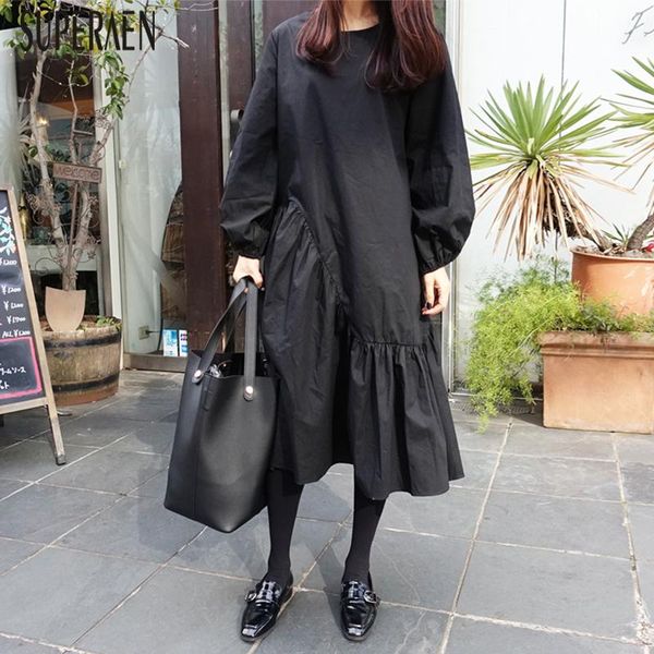 

casual dresses superaen 2021 spring and autumn women dress cotton solid color female irregular long sleeve clothing, Black;gray