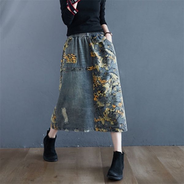 

spring autumn arts style women high waist loose casual denim skirt vintage print patchwork a-line s18 210512, Black