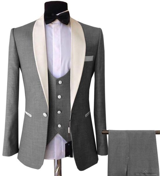 

men's suits & blazers 2022 style groomsmen shawl ivory lapel groom tuxedos grey men wedding man ( jacket+pants+bow tie+vest ), White;black