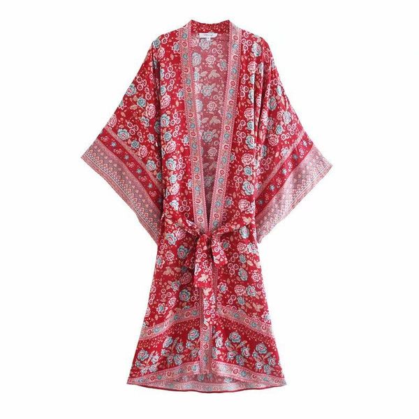 

bohemian rayon cotton floral print bho robes casual women plus size resort batwing sleeve duster kimonos dresses, Black;gray