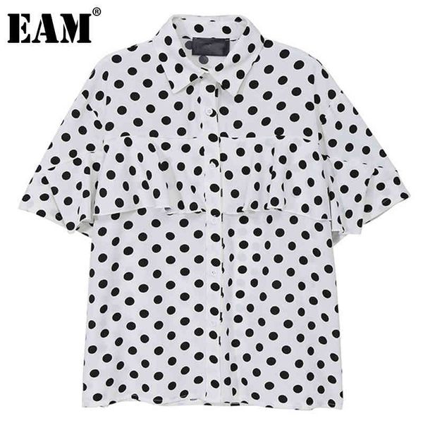 

[eam] women black big size polka dot ruffles blouse lapel short sleeve loose fit shirt fashion spring summer 1dd6991 21512, White