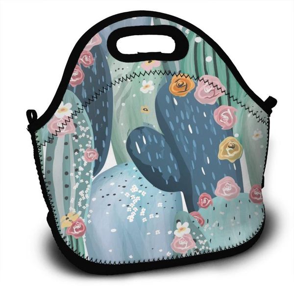 

portable lunch bag pastel cactuses with flowers women reusable bags for work pinic travel 2021 casual handbags organizer, Blue;pink
