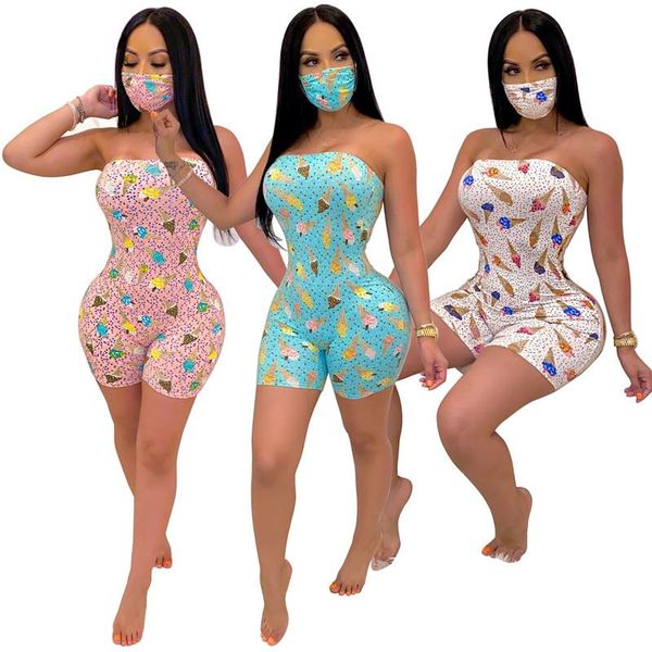 

women's jumpsuits & rompers 2021 women summer jumpsuit floral printed strapless bodycon party cocktail bodysuit leotard skinny, Black;white