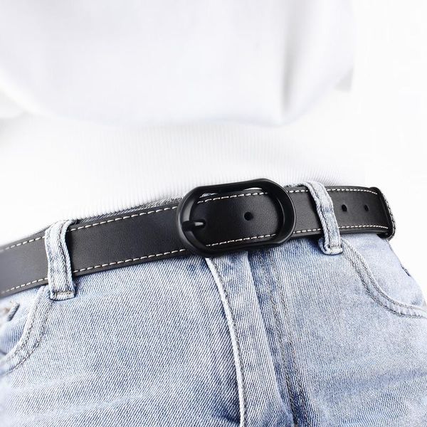

belts cowhide leather for women black pin buckle belt soft long genuine waist strap punk solid color coffee jeans lady, Black;brown