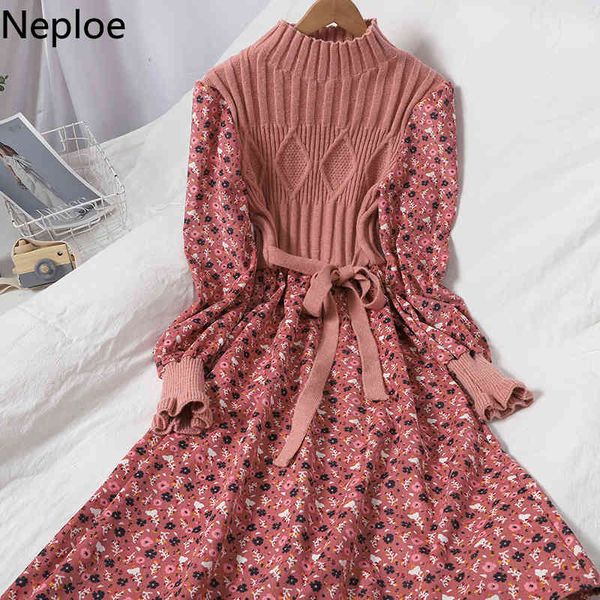 

neploe patchwork dresses women knitted floral corduroy maxi dress lace up slim waist robe sweet vintage vestidos female 4f934 210422, Black;gray