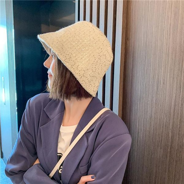 

[ewq]female autumn and winter korean fashion solid color all-match fisherman hat retro knitted sequin woolen cap zt546 wide brim hats, Blue;gray