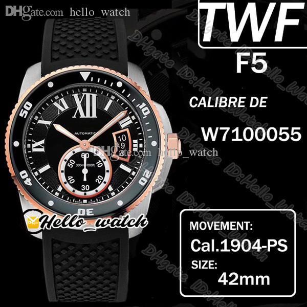 TWF F5 calibre de mergulho w7100055 Cal.1904-PS MC MC Automatic Mens Assista Super Luminous Cerâmica Bezel Black Dial Dois Tons de Aço de Aço Relógios de Borracha Olá!