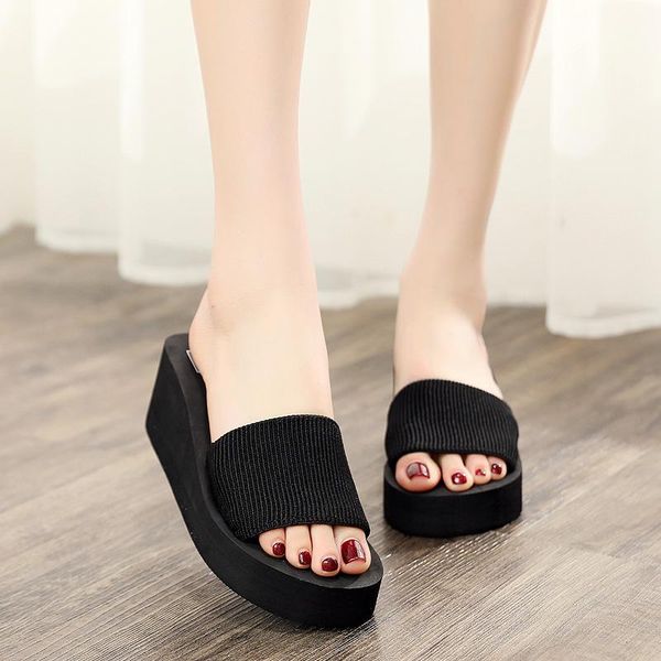 

slippers 2021 women's simple solid color one word drag fashion thick bottom pine cake cool high heel paste flower beach shoes, Black