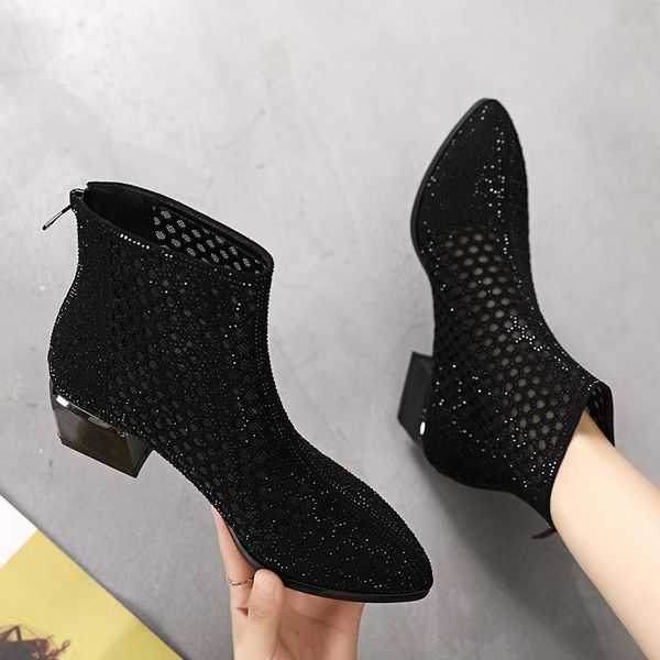 

boots alishinrey fashion rhinestones gauze sandals summer mesh genuine leather shoes women med heels hollow large size, Black