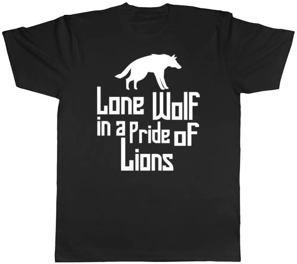 

lone wolf in a pride of lions mens womens ladies t-shirt, White;black