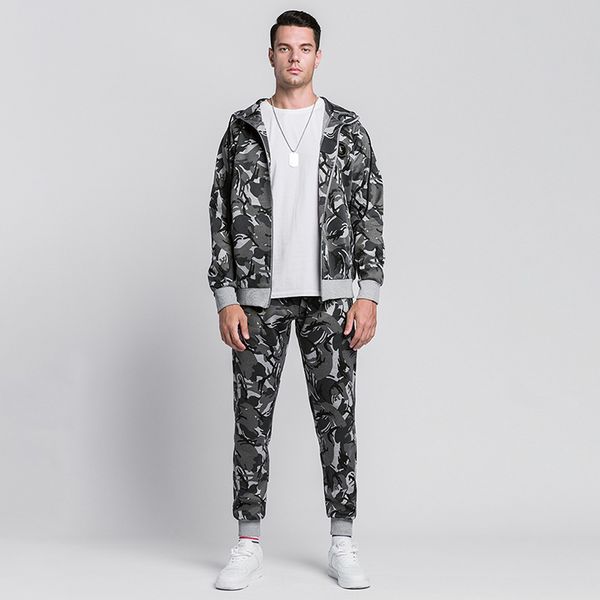 

men's pullover hoodie zipper cardigan lace lapel camouflage casual home apparel sweatshirt running shirt cardigan pants clothing, Gray