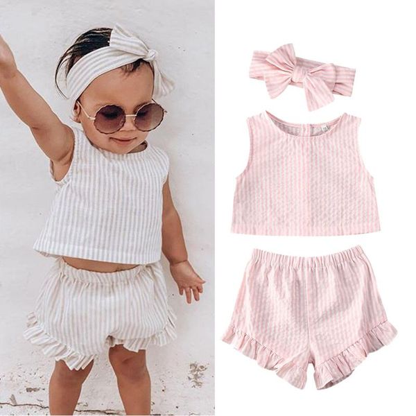 

clothing sets 0-24months 3pcs toddler born baby girls set sleeveless crop vest +ruffle shorts+headband summer striped clothes, White