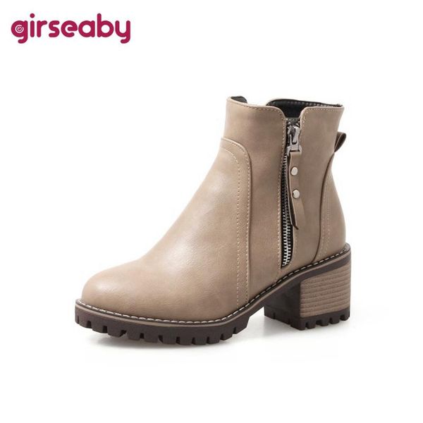 

boots girseaby 2021 winter concise ladies ankle zip round toe short plush platforms 6cm chunky heel us13 black beige grey a4404