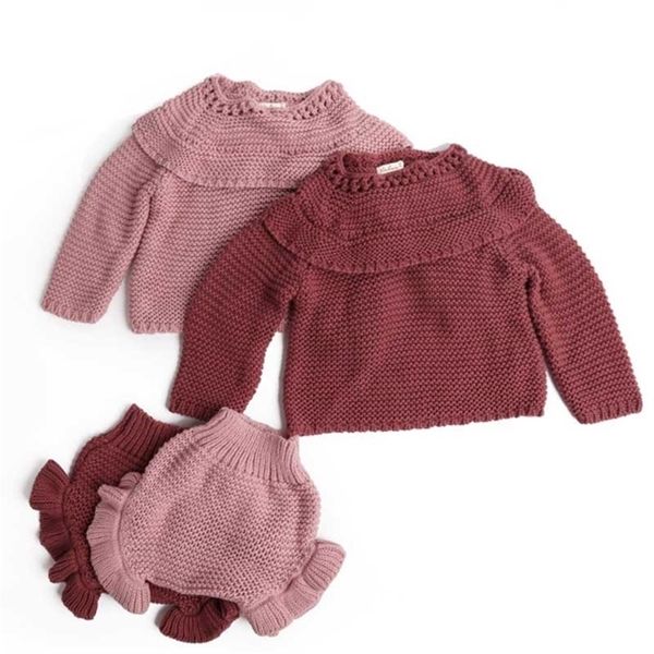 Baby Knitting Roupas Conjuntos Dois Girls Terno Knit 0-2 Ano Algodão Algodão Manga Longa Blusa + Lotus Folha Shorts Set 210521