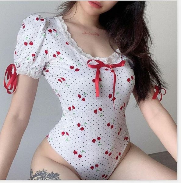 

women's t-shirt fashion short lace sleeve bodysuits women sweet cherry print bodycon romper summer o-neck satin bowknot streewear outfi, White
