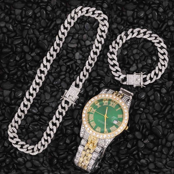 

necklace +watch+bracelet hip hop miami curb cuban chain gold iced out paved rhinestones cz bling rapper for men jewelry 24inch, Silver