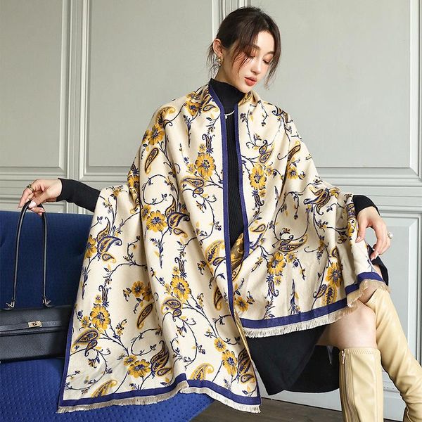 

scarves autumn and winter retro cashew flower warm scarf female double-sided imitation cashmere thickened student shawl, Blue;gray