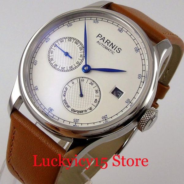 

simple round automatic men wristwatch power reserve date indicator leather band wristwatches, Slivery;brown