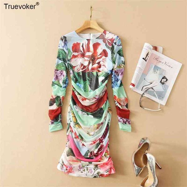 

truevoker european designer sheath party dres's high end full sleeve floral print lace draped mini holiday vestido 210602, Black;gray