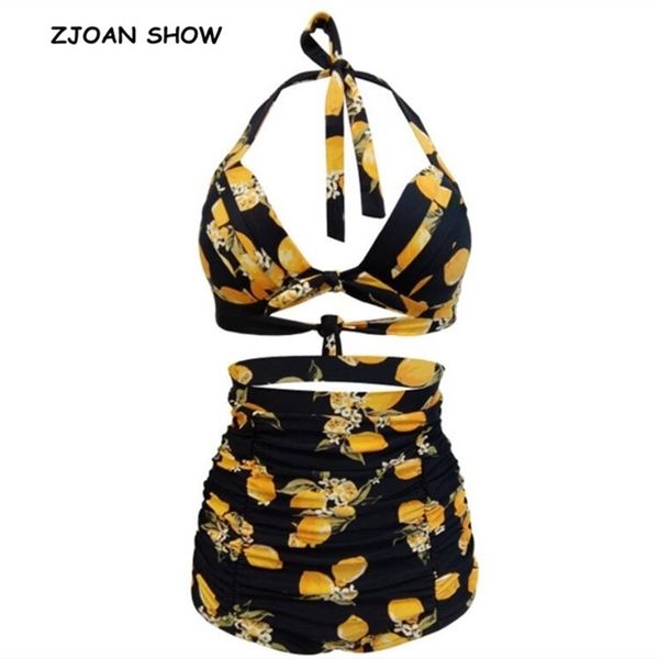 

beach set bow bandage halter collar high waist orange lemon black swim bikini women bathing suit swimwear vintage swimsuit 210429, White;black