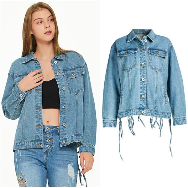 

women's loose bf style tassel denim jacket back hollow jeans coat baseball uniform streetwear fashion long sleeve jackets, Black;brown