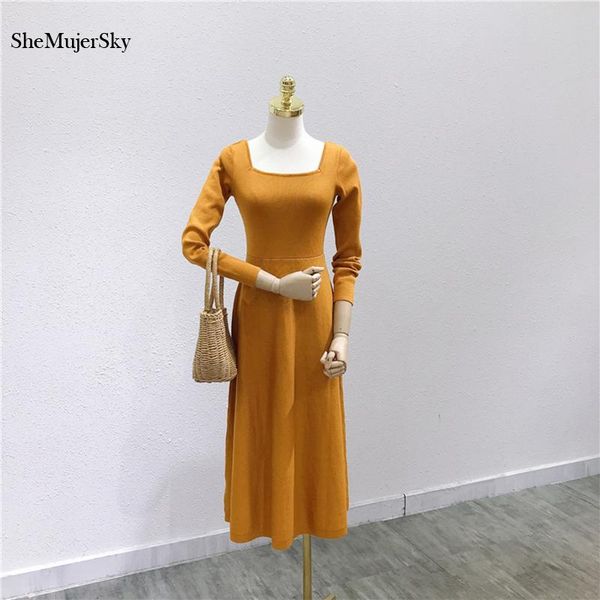 

shemujersky long sleeve knitted autumn dress women square collar black midi 2021 elastic slim dresses casual, Black;gray